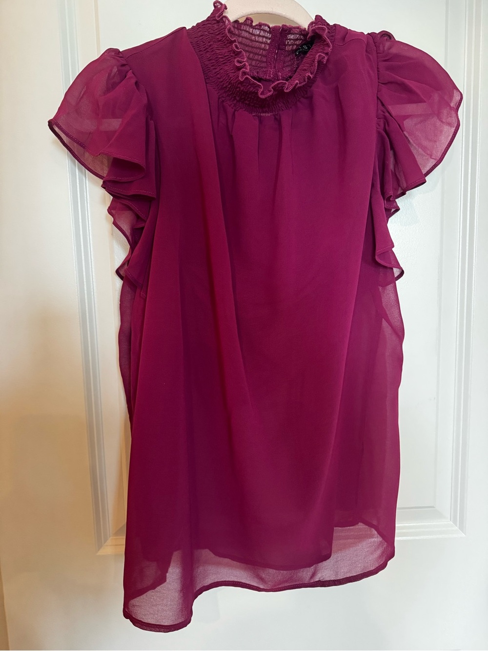 1. State Magenta Ruffle Neck Flutter Sleeve Blouse